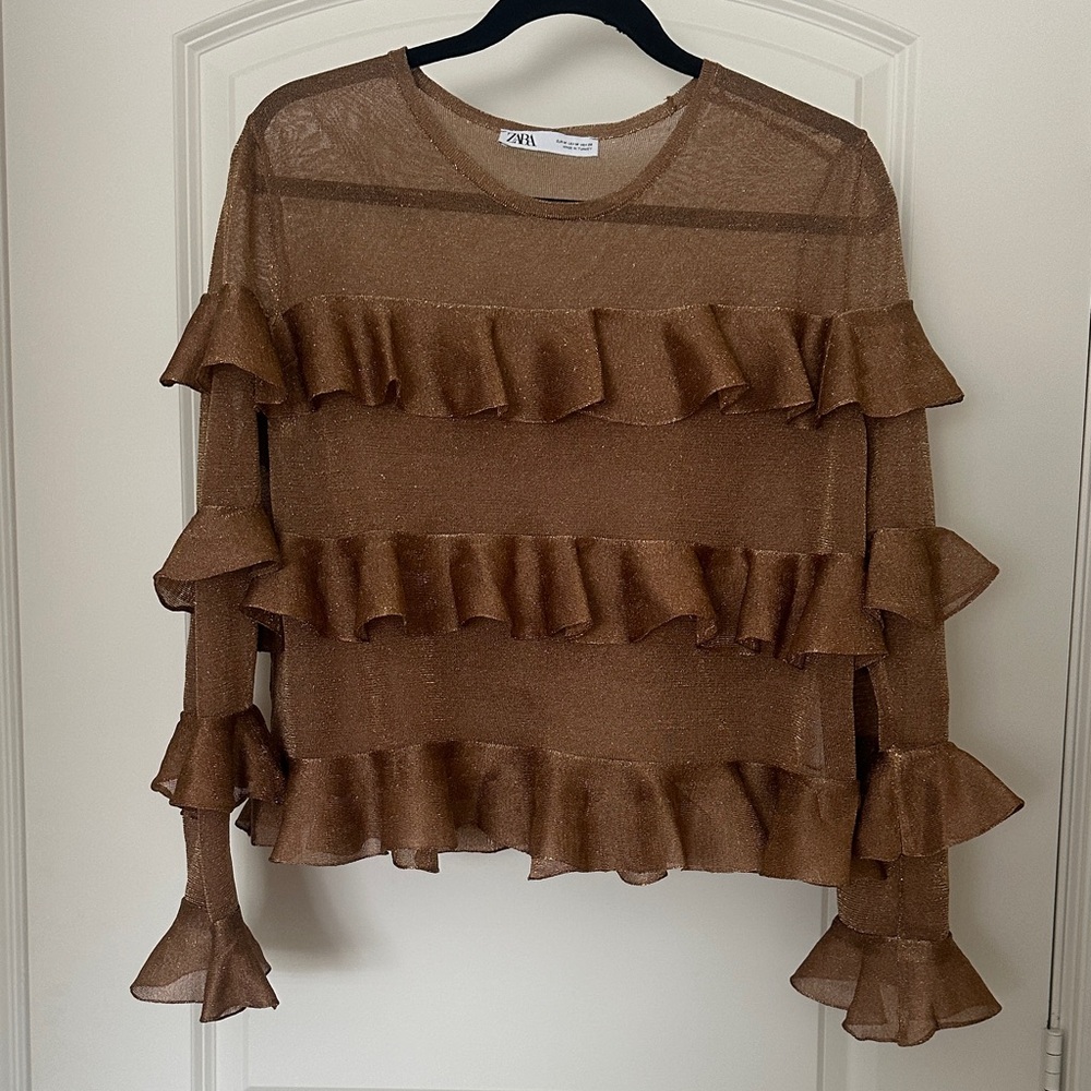 Zara Gold Ruffle Long Sleeve Sheer Blouse